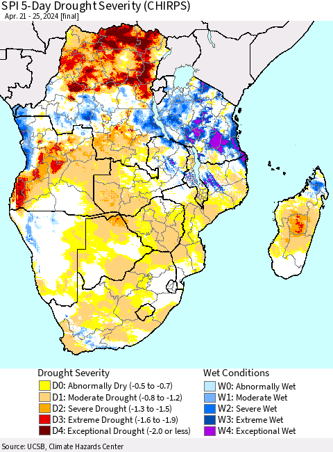 Southern Africa SPI 5-Day Drought Severity (CHIRPS) Thematic Map For 4/21/2024 - 4/25/2024