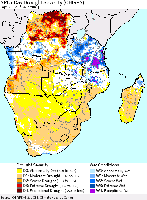 Southern Africa SPI 5-Day Drought Severity (CHIRPS) Thematic Map For 4/21/2024 - 4/25/2024