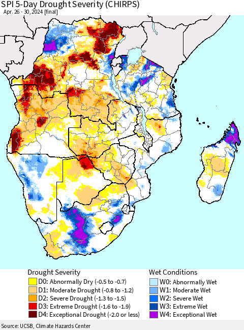 Southern Africa SPI 5-Day Drought Severity (CHIRPS) Thematic Map For 4/26/2024 - 4/30/2024