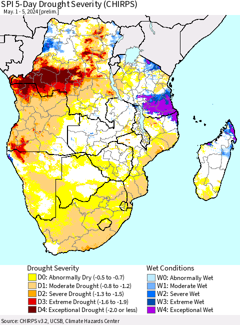 Southern Africa SPI 5-Day Drought Severity (CHIRPS) Thematic Map For 5/1/2024 - 5/5/2024