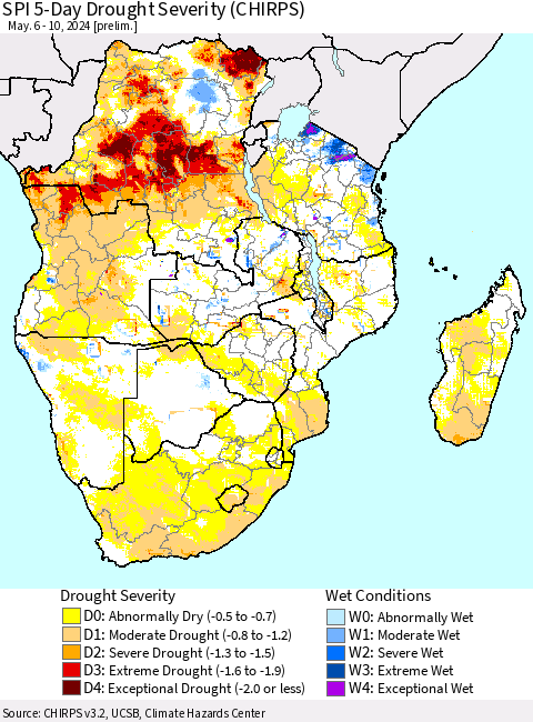 Southern Africa SPI 5-Day Drought Severity (CHIRPS) Thematic Map For 5/6/2024 - 5/10/2024