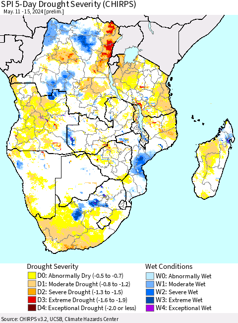 Southern Africa SPI 5-Day Drought Severity (CHIRPS) Thematic Map For 5/11/2024 - 5/15/2024