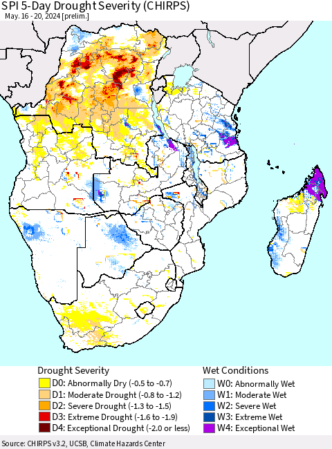 Southern Africa SPI 5-Day Drought Severity (CHIRPS) Thematic Map For 5/16/2024 - 5/20/2024