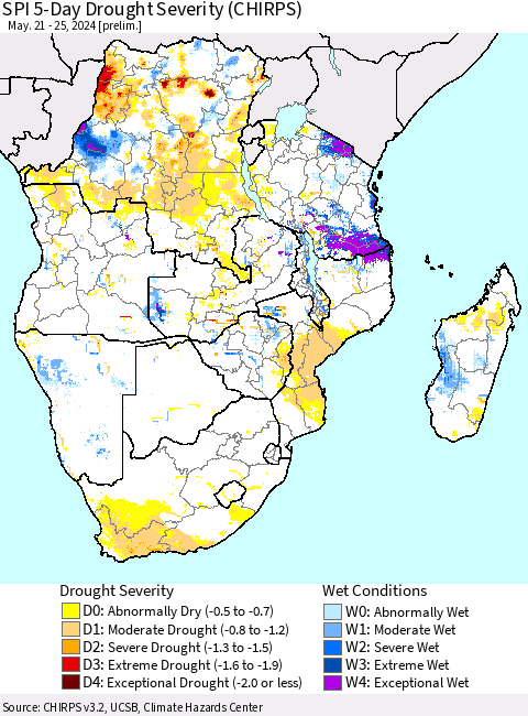 Southern Africa SPI 5-Day Drought Severity (CHIRPS) Thematic Map For 5/21/2024 - 5/25/2024