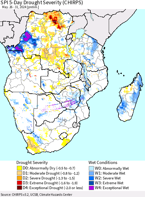 Southern Africa SPI 5-Day Drought Severity (CHIRPS) Thematic Map For 5/26/2024 - 5/31/2024