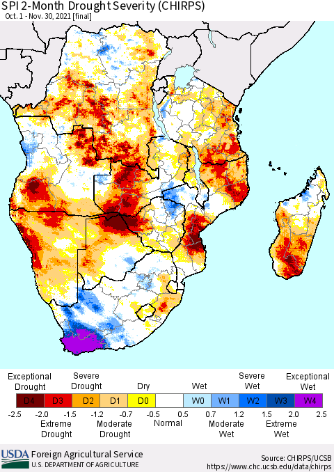Southern Africa SPI 2-Month Drought Severity (CHIRPS) Thematic Map For 10/1/2021 - 11/30/2021