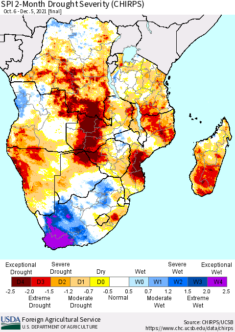 Southern Africa SPI 2-Month Drought Severity (CHIRPS) Thematic Map For 10/6/2021 - 12/5/2021