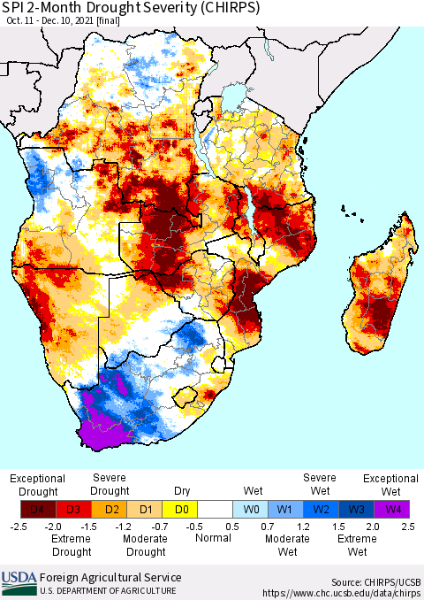 Southern Africa SPI 2-Month Drought Severity (CHIRPS) Thematic Map For 10/11/2021 - 12/10/2021
