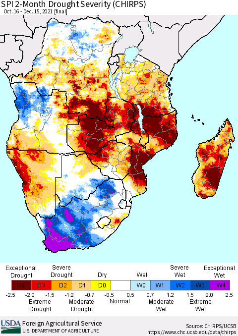 Southern Africa SPI 2-Month Drought Severity (CHIRPS) Thematic Map For 10/16/2021 - 12/15/2021