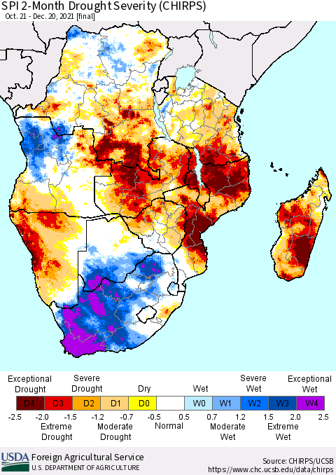 Southern Africa SPI 2-Month Drought Severity (CHIRPS) Thematic Map For 10/21/2021 - 12/20/2021