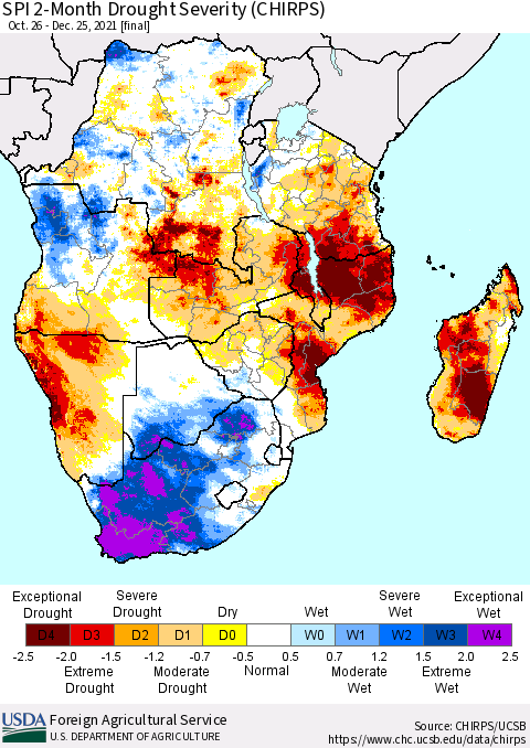 Southern Africa SPI 2-Month Drought Severity (CHIRPS) Thematic Map For 10/26/2021 - 12/25/2021