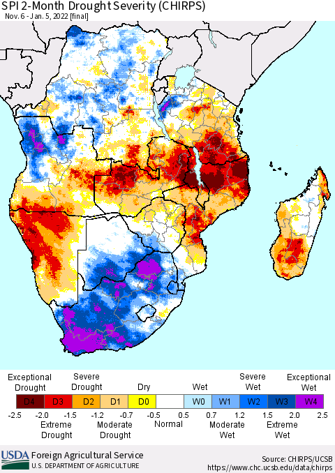 Southern Africa SPI 2-Month Drought Severity (CHIRPS) Thematic Map For 11/6/2021 - 1/5/2022