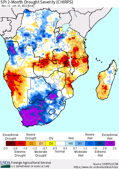 Southern Africa SPI 2-Month Drought Severity (CHIRPS) Thematic Map For 11/11/2021 - 1/10/2022