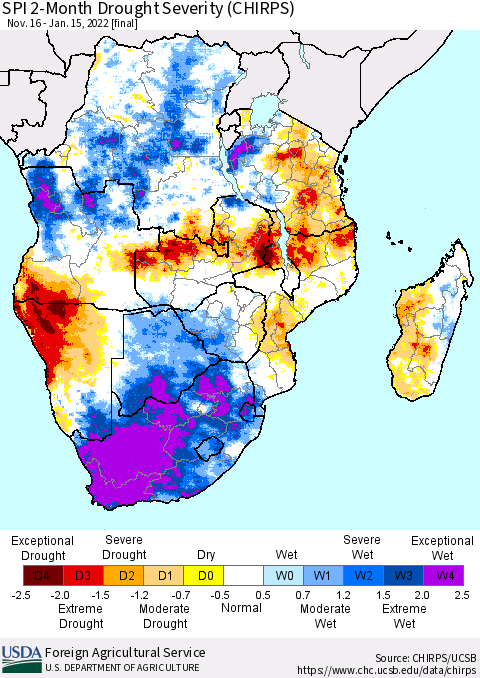 Southern Africa SPI 2-Month Drought Severity (CHIRPS) Thematic Map For 11/16/2021 - 1/15/2022
