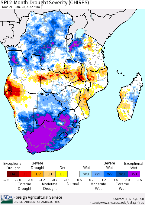 Southern Africa SPI 2-Month Drought Severity (CHIRPS) Thematic Map For 11/21/2021 - 1/20/2022