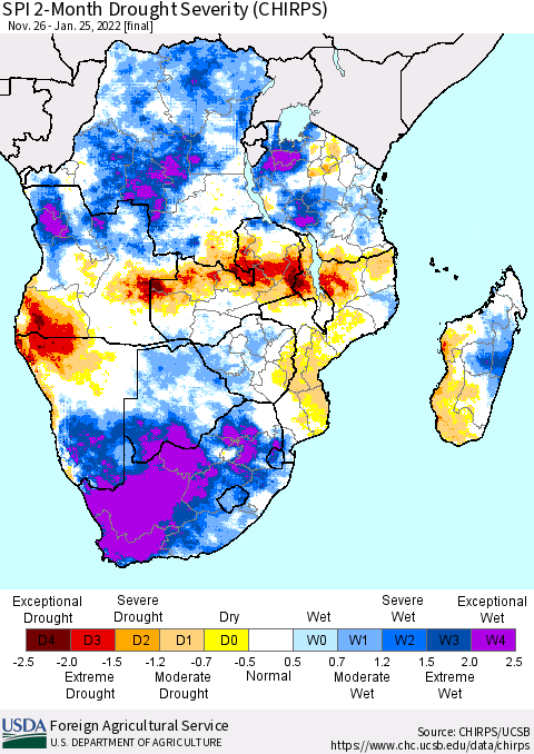 Southern Africa SPI 2-Month Drought Severity (CHIRPS) Thematic Map For 11/26/2021 - 1/25/2022
