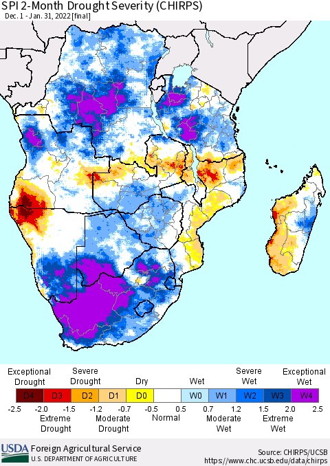 Southern Africa SPI 2-Month Drought Severity (CHIRPS) Thematic Map For 12/1/2021 - 1/31/2022