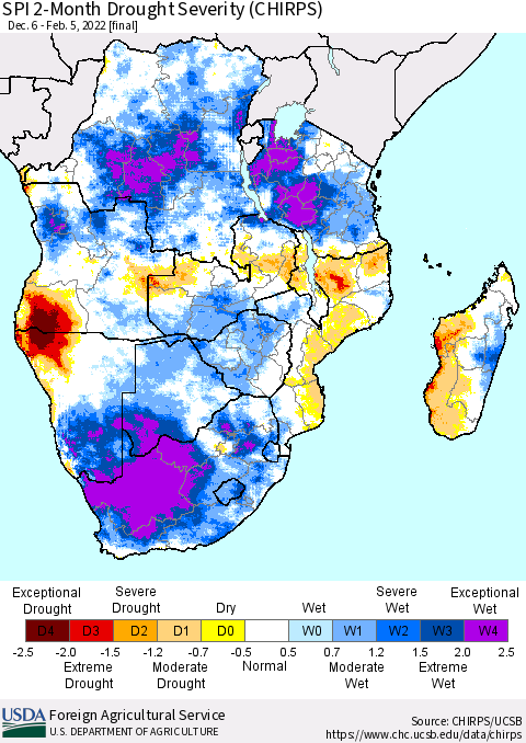 Southern Africa SPI 2-Month Drought Severity (CHIRPS) Thematic Map For 12/6/2021 - 2/5/2022