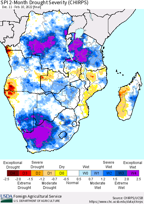 Southern Africa SPI 2-Month Drought Severity (CHIRPS) Thematic Map For 12/11/2021 - 2/10/2022