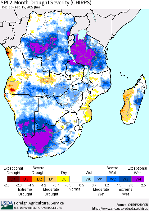 Southern Africa SPI 2-Month Drought Severity (CHIRPS) Thematic Map For 12/16/2021 - 2/15/2022