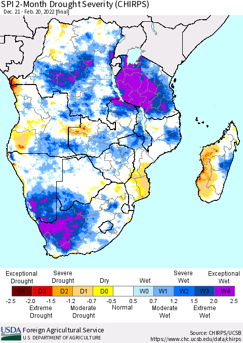 Southern Africa SPI 2-Month Drought Severity (CHIRPS) Thematic Map For 12/21/2021 - 2/20/2022