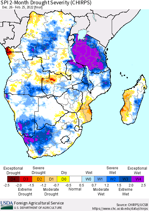 Southern Africa SPI 2-Month Drought Severity (CHIRPS) Thematic Map For 12/26/2021 - 2/25/2022