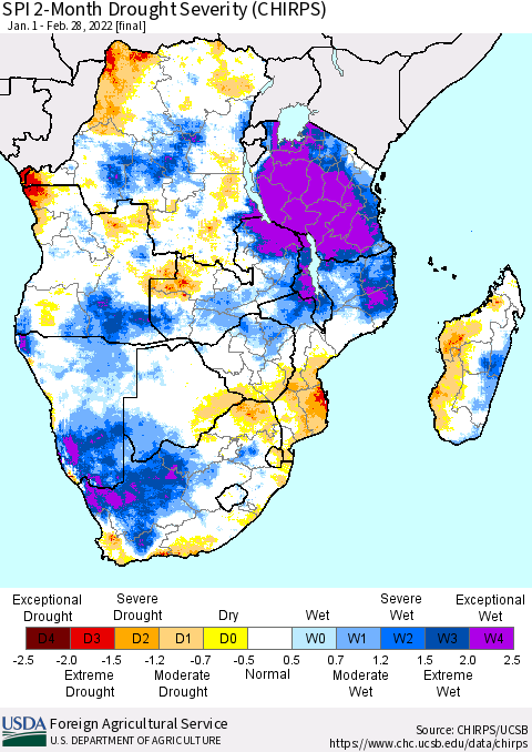 Southern Africa SPI 2-Month Drought Severity (CHIRPS) Thematic Map For 1/1/2022 - 2/28/2022