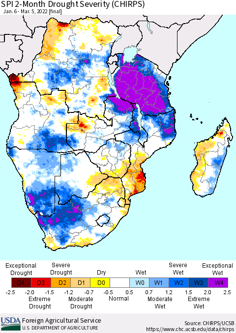 Southern Africa SPI 2-Month Drought Severity (CHIRPS) Thematic Map For 1/6/2022 - 3/5/2022