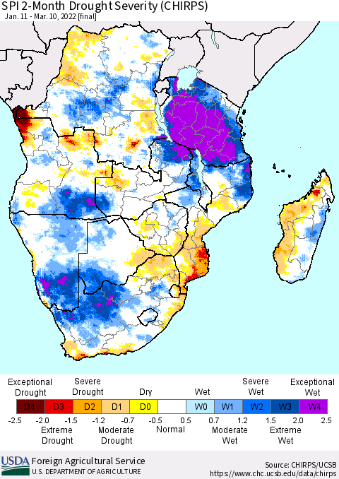Southern Africa SPI 2-Month Drought Severity (CHIRPS) Thematic Map For 1/11/2022 - 3/10/2022
