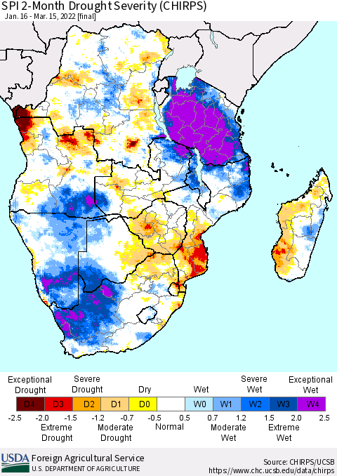 Southern Africa SPI 2-Month Drought Severity (CHIRPS) Thematic Map For 1/16/2022 - 3/15/2022