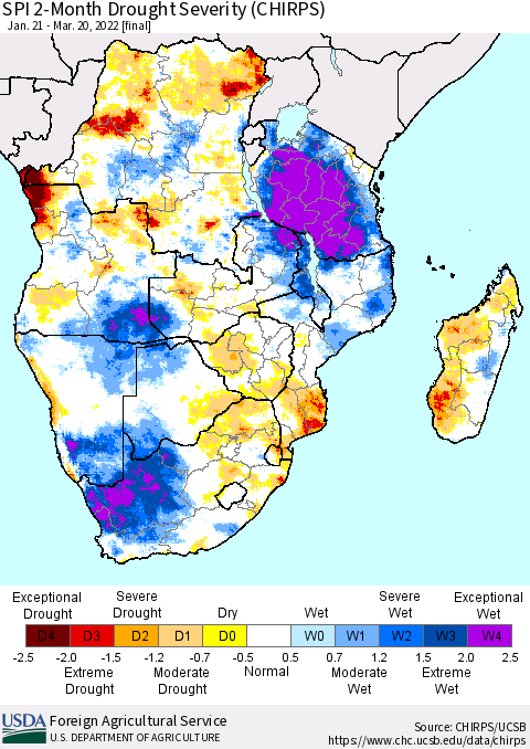 Southern Africa SPI 2-Month Drought Severity (CHIRPS) Thematic Map For 1/21/2022 - 3/20/2022