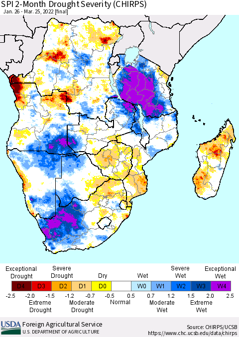 Southern Africa SPI 2-Month Drought Severity (CHIRPS) Thematic Map For 1/26/2022 - 3/25/2022