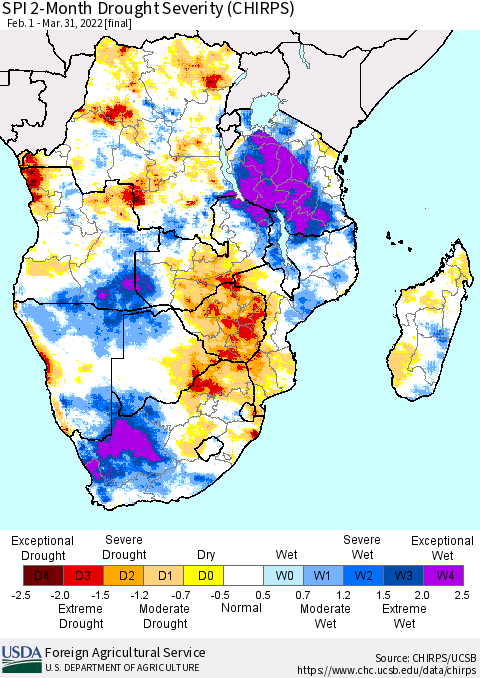 Southern Africa SPI 2-Month Drought Severity (CHIRPS) Thematic Map For 2/1/2022 - 3/31/2022