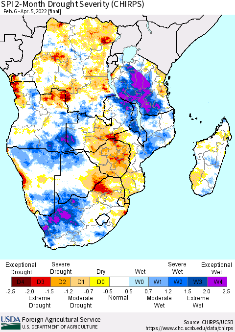 Southern Africa SPI 2-Month Drought Severity (CHIRPS) Thematic Map For 2/6/2022 - 4/5/2022