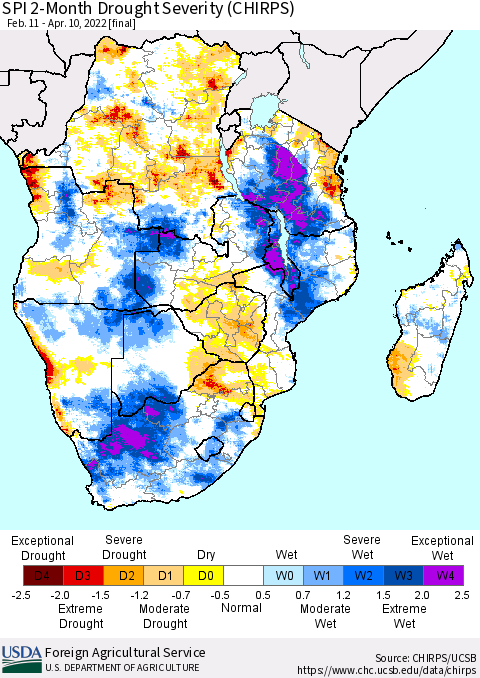 Southern Africa SPI 2-Month Drought Severity (CHIRPS) Thematic Map For 2/11/2022 - 4/10/2022