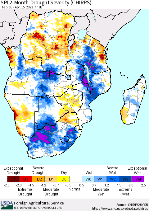 Southern Africa SPI 2-Month Drought Severity (CHIRPS) Thematic Map For 2/16/2022 - 4/15/2022