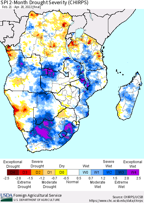 Southern Africa SPI 2-Month Drought Severity (CHIRPS) Thematic Map For 2/21/2022 - 4/20/2022