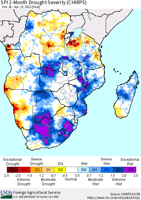 Southern Africa SPI 2-Month Drought Severity (CHIRPS) Thematic Map For 2/26/2022 - 4/25/2022