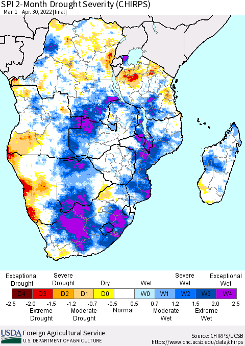 Southern Africa SPI 2-Month Drought Severity (CHIRPS) Thematic Map For 3/1/2022 - 4/30/2022