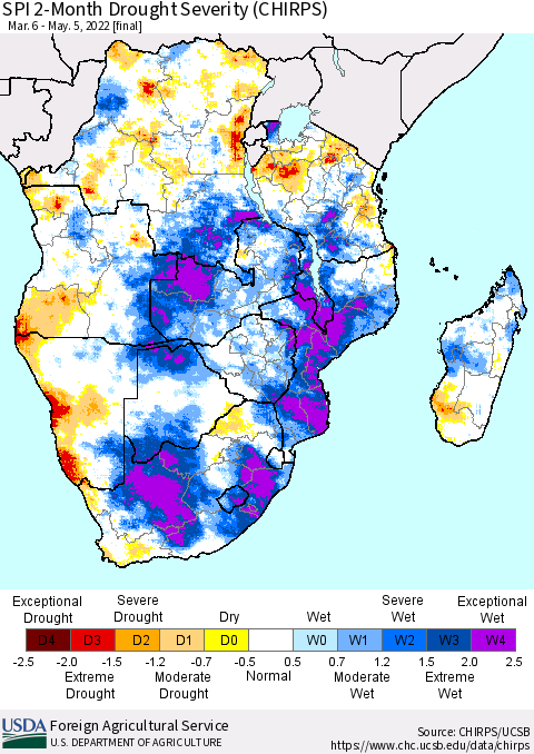 Southern Africa SPI 2-Month Drought Severity (CHIRPS) Thematic Map For 3/6/2022 - 5/5/2022