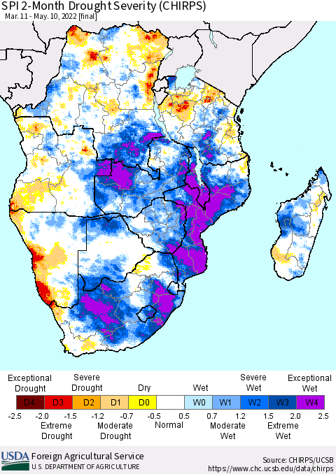 Southern Africa SPI 2-Month Drought Severity (CHIRPS) Thematic Map For 3/11/2022 - 5/10/2022