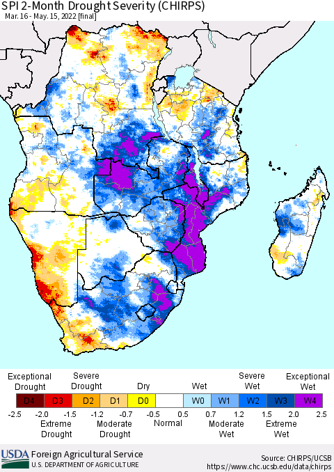 Southern Africa SPI 2-Month Drought Severity (CHIRPS) Thematic Map For 3/16/2022 - 5/15/2022