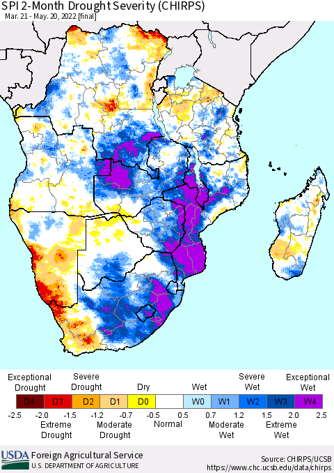 Southern Africa SPI 2-Month Drought Severity (CHIRPS) Thematic Map For 3/21/2022 - 5/20/2022