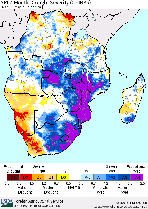 Southern Africa SPI 2-Month Drought Severity (CHIRPS) Thematic Map For 3/26/2022 - 5/25/2022