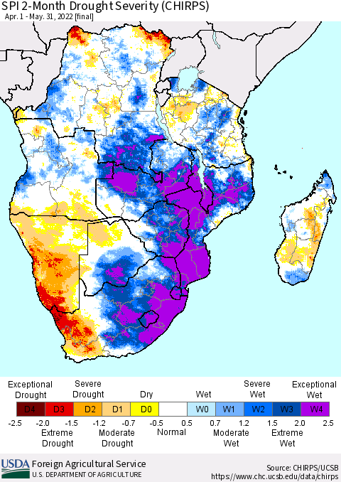 Southern Africa SPI 2-Month Drought Severity (CHIRPS) Thematic Map For 4/1/2022 - 5/31/2022