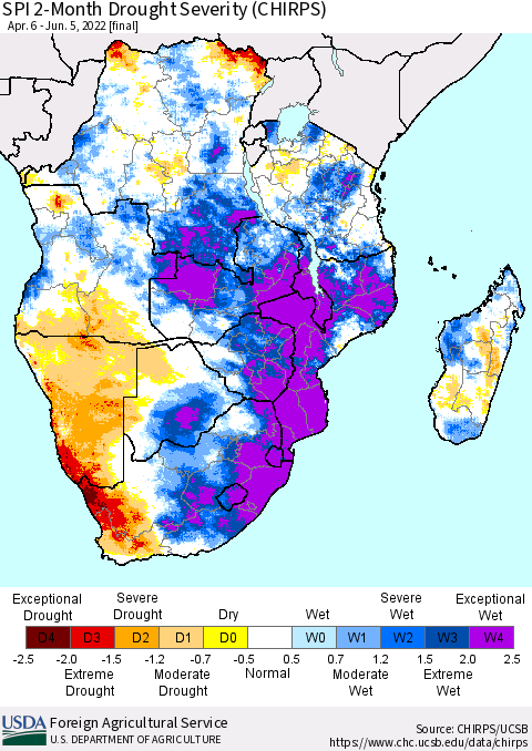 Southern Africa SPI 2-Month Drought Severity (CHIRPS) Thematic Map For 4/6/2022 - 6/5/2022