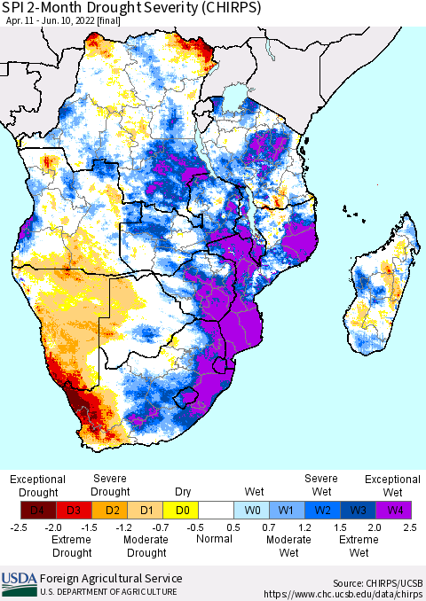 Southern Africa SPI 2-Month Drought Severity (CHIRPS) Thematic Map For 4/11/2022 - 6/10/2022