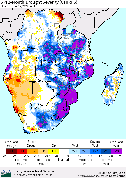 Southern Africa SPI 2-Month Drought Severity (CHIRPS) Thematic Map For 4/16/2022 - 6/15/2022