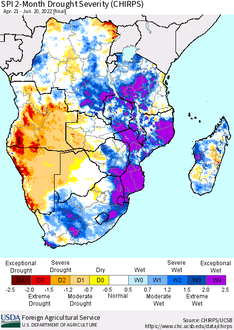 Southern Africa SPI 2-Month Drought Severity (CHIRPS) Thematic Map For 4/21/2022 - 6/20/2022