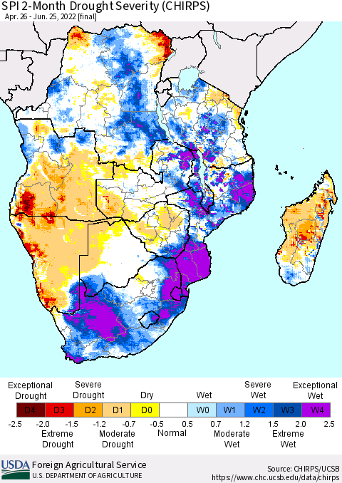 Southern Africa SPI 2-Month Drought Severity (CHIRPS) Thematic Map For 4/26/2022 - 6/25/2022